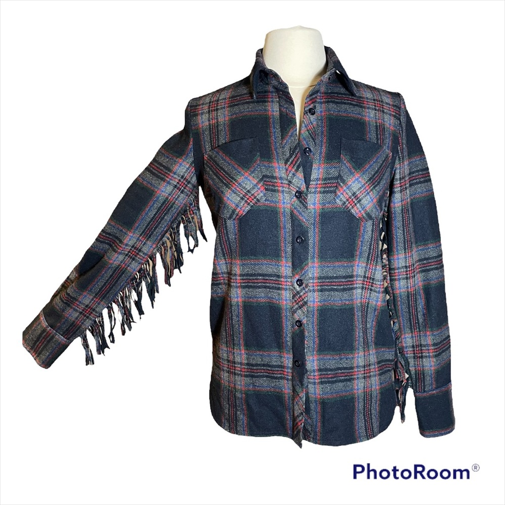 Candela wool blend plaid button down shirt with sleeve fringes Size XS